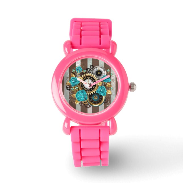 Steampunkuhr und türkisfarbene Rose auf Streifen Armbanduhr (Vorderseite)