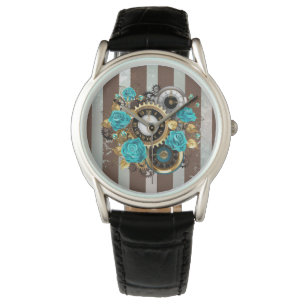 Steampunkuhr und türkisfarbene Rose auf Streifen Armbanduhr