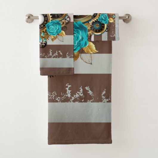 Steampunkuhr und türkisfarbene Rose auf Streifen Badhandtuch Set (Insitu)