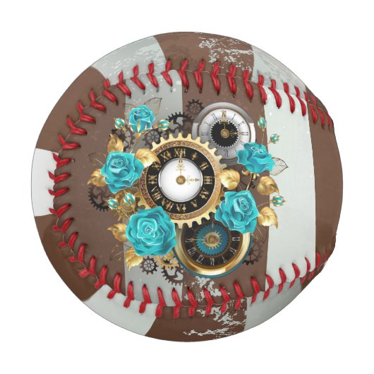 Steampunkuhr und türkisfarbene Rose auf Streifen Baseball (Vorderseite Links)