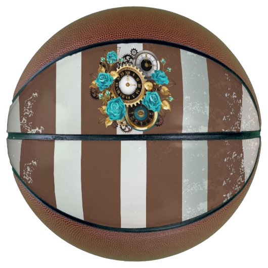 Steampunkuhr und türkisfarbene Rose auf Streifen Basketball (Vorderseite)