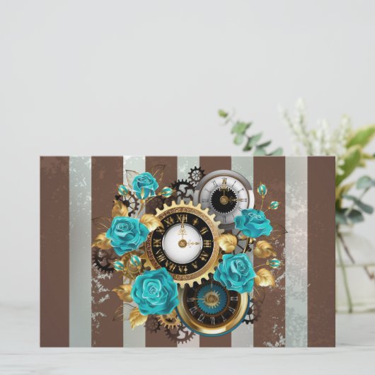 Steampunkuhr und türkisfarbene Rose auf Streifen Briefpapier (Stehend Vorderseite)