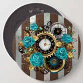 Steampunkuhr und türkisfarbene Rose auf Streifen Button (Vorne & Hinten)
