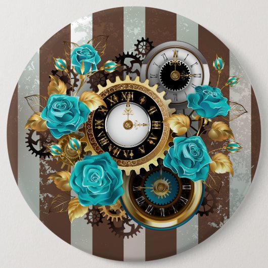 Steampunkuhr und türkisfarbene Rose auf Streifen Button (Vorderseite)