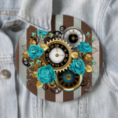 Steampunkuhr und türkisfarbene Rose auf Streifen Button (Beispiel)