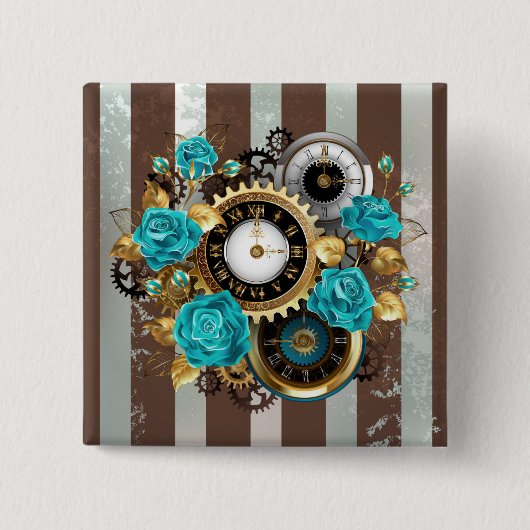 Steampunkuhr und türkisfarbene Rose auf Streifen Button (Vorderseite)