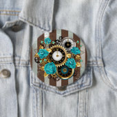 Steampunkuhr und türkisfarbene Rose auf Streifen Button (Beispiel)
