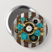 Steampunkuhr und türkisfarbene Rose auf Streifen Button (Vorne & Hinten)