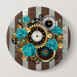 Steampunkuhr und türkisfarbene Rose auf Streifen Button