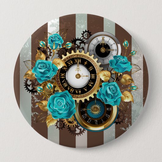 Steampunkuhr und türkisfarbene Rose auf Streifen Button (Vorderseite)