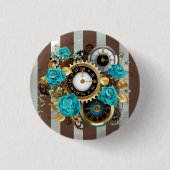 Steampunkuhr und türkisfarbene Rose auf Streifen Button (Vorderseite)
