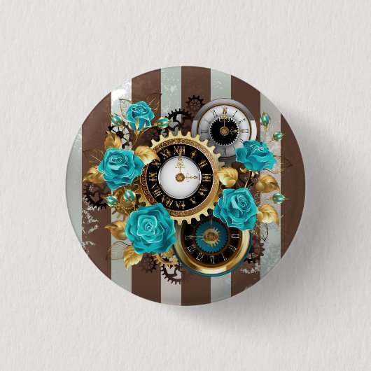 Steampunkuhr und türkisfarbene Rose auf Streifen Button (Vorderseite)