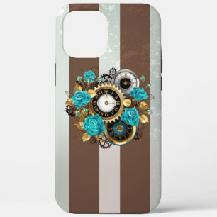 Steampunkuhr und türkisfarbene Rose auf Streifen Case-Mate iPhone Hülle