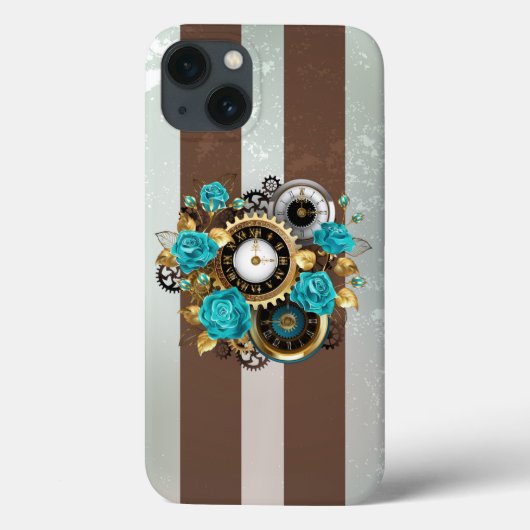 Steampunkuhr und türkisfarbene Rose auf Streifen Case-Mate iPhone Hülle (Rückseite)
