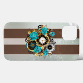 Steampunkuhr und türkisfarbene Rose auf Streifen Case-Mate iPhone Hülle (Rückseite (Horizontal))