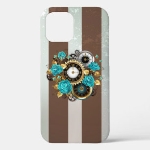 Steampunkuhr und türkisfarbene Rose auf Streifen Case-Mate iPhone Hülle