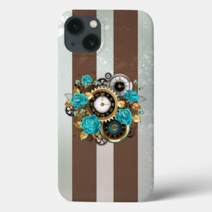 Steampunkuhr und türkisfarbene Rose auf Streifen Case-Mate iPhone Hülle