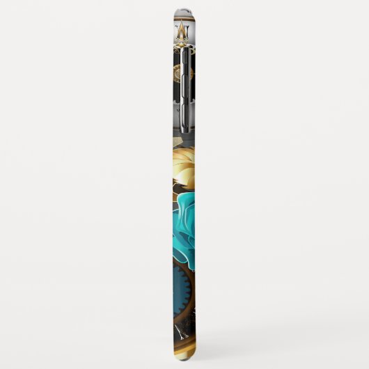 Steampunkuhr und türkisfarbene Rose auf Streifen Case-Mate iPhone Hülle (Hinten/Links)