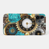Steampunkuhr und türkisfarbene Rose auf Streifen Case-Mate iPhone Hülle (Rückseite (Horizontal))