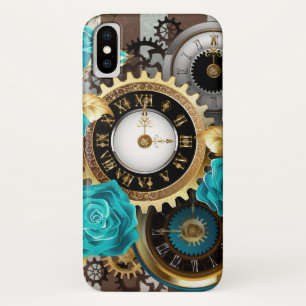 Steampunkuhr und türkisfarbene Rose auf Streifen Case-Mate iPhone Hülle