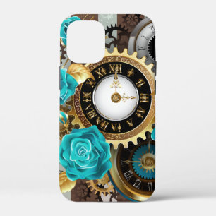 Steampunkuhr und türkisfarbene Rose auf Streifen Case-Mate iPhone Hülle