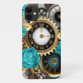 Steampunkuhr und türkisfarbene Rose auf Streifen Case-Mate iPhone Hülle (Rückseite)