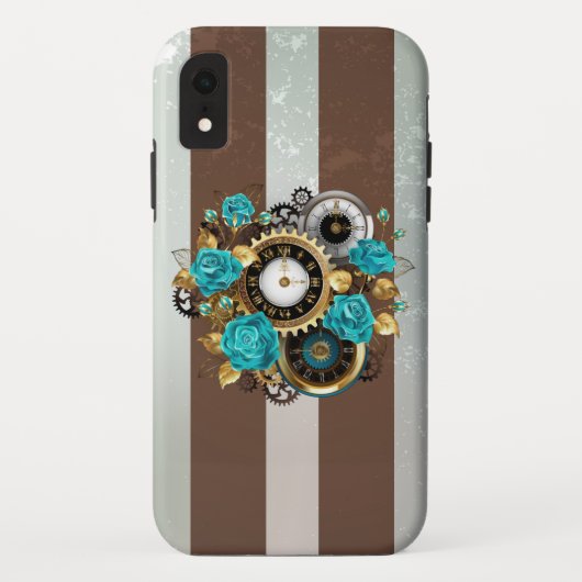 Steampunkuhr und türkisfarbene Rose auf Streifen Case-Mate iPhone Hülle (Rückseite)