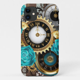 Steampunkuhr und türkisfarbene Rose auf Streifen Case-Mate iPhone Hülle