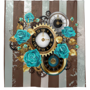 Steampunkuhr und türkisfarbene Rose auf Streifen Duschvorhang