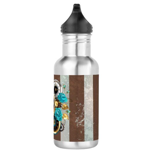 Steampunkuhr und türkisfarbene Rose auf Streifen Edelstahlflasche (Rechts)