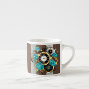 Steampunkuhr und türkisfarbene Rose auf Streifen Espressotasse
