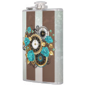 Steampunkuhr und türkisfarbene Rose auf Streifen Flachmann (Links)