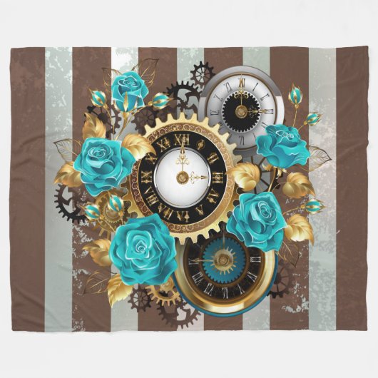 Steampunkuhr und türkisfarbene Rose auf Streifen Fleecedecke (Vorderseite (Horizontal))