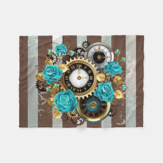 Steampunkuhr und türkisfarbene Rose auf Streifen Fleecedecke (Vorderseite (Horizontal))