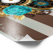 Steampunkuhr und türkisfarbene Rose auf Streifen Fotodruck (Ecke)