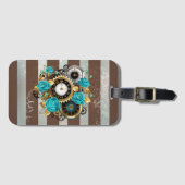 Steampunkuhr und türkisfarbene Rose auf Streifen Gepäckanhänger (Vorderseite (Horizontal))