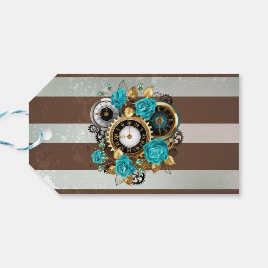 Steampunkuhr und türkisfarbene Rose auf Streifen Geschenkanhänger (Rückseite Horizontal)