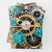 Steampunkuhr und türkisfarbene Rose auf Streifen Geschenkpapier Set (Beispiel)