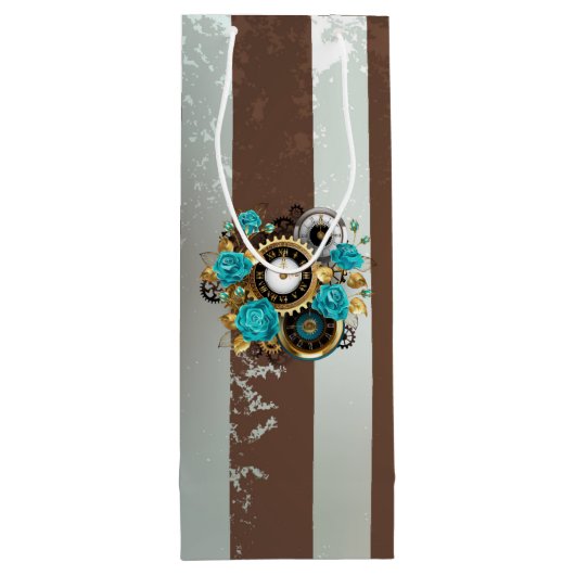 Steampunkuhr und türkisfarbene Rose auf Streifen Geschenktüte Für Weinflaschen (Rückseite)