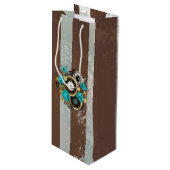 Steampunkuhr und türkisfarbene Rose auf Streifen Geschenktüte Für Weinflaschen (Vorderseite Schrägansicht)