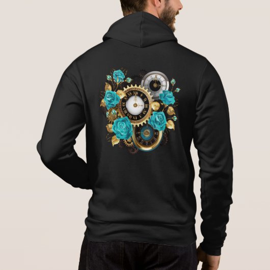 Steampunkuhr und türkisfarbene Rose auf Streifen Hoodie (Rückseite)