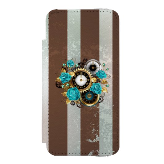 Steampunkuhr und türkisfarbene Rose auf Streifen Incipio iPhone Geldbeutel-Hülle (Folio Vorderseite)