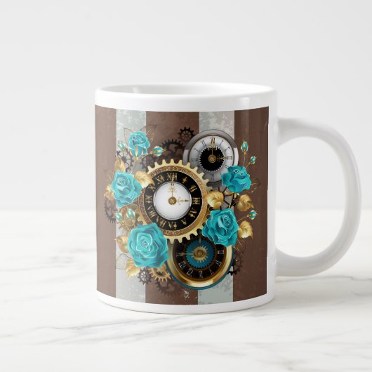 Steampunkuhr und türkisfarbene Rose auf Streifen Jumbo-Tasse (Rechts)