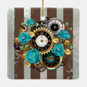 Steampunkuhr und türkisfarbene Rose auf Streifen Keramikornament (Rückseite)