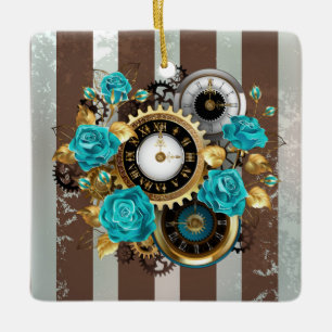 Steampunkuhr und türkisfarbene Rose auf Streifen Keramikornament
