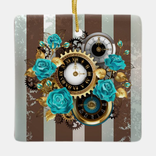Steampunkuhr und türkisfarbene Rose auf Streifen Keramikornament (Vorderseite)