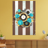 Steampunkuhr und türkisfarbene Rose auf Streifen Leinwanddruck (Insitu (Wohnzimmer))