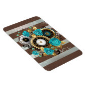 Steampunkuhr und türkisfarbene Rose auf Streifen Magnet (Rechte Seite)