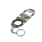 Steampunkuhr und türkisfarbene Rose auf Streifen Mini Flaschenöffner (Rückseite Schrägansicht)