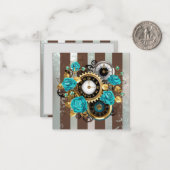 Steampunkuhr und türkisfarbene Rose auf Streifen Mitteilungskarte (Vorderseite/Rückseite Beispiel)